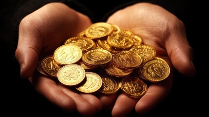 Poster - Pile of gold coins in the hands of a businessman, with a stock graph showing upward growth, symbolizing financial success and market prosperity.
