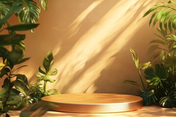 Poster - golden podium with tropical plants and sunlight. (1)