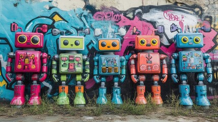Poster - Several colorful robots standing together, surrounded by vibrant graffiti art, bringing together digital and urban street styles in a lively and modern composition.