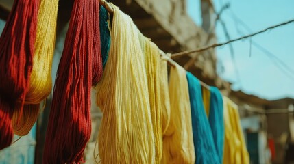 Aufkleber - Silk yarn dyed with vibrant natural dyes, drying on a line after a traditional dyeing process. Ideal for highlighting eco-friendly, sustainable practices.