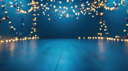 Poster - Spacious empty blue room with a gradient blue background, abstract effects, and festive lighting. Ideal for showcasing concepts for Christmas, Valentine's, or New Year.