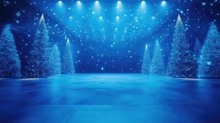 Poster - Spacious empty blue room with a gradient blue background, abstract effects, and festive lighting. Ideal for showcasing concepts for Christmas, Valentine's, or New Year.