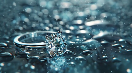 Wall Mural - Exquisite diamond ring sitting on a wet surface with water droplets all around and a blurred background with a hint of light.