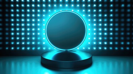 Aufkleber - Surreal empty stage with a cylinder podium and a circle shape on a holographic neon blue background. Ideal for beauty product display or packaging mockups.