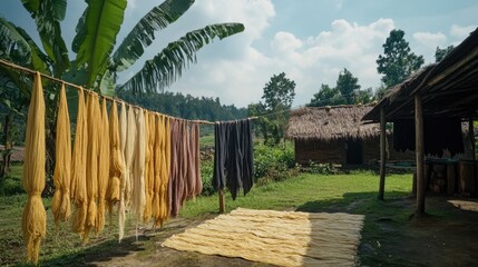 Aufkleber - Traditional silk yarn dyed with natural dyes, drying in the open air. A perfect visual for sustainable fashion, eco-friendly textile production, or artisanal craft.