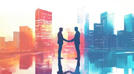 Poster - Two businessmen shaking hands with abstract office buildings in the background, symbolizing a business deal and collaboration in a modern corporate setting.