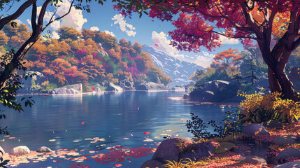 Wall Mural - serene landscape featuring tranquil lake surrounded by vibrant autumn foliage, with colorful trees reflecting on water surface and mountains in background