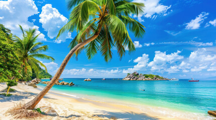 Wall Mural - tropical beach scene featuring palm trees, clear blue water, and sunny sky. serene atmosphere invites relaxation and enjoyment of nature beauty