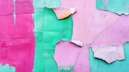 Aufkleber - Urban wall close-up in vibrant pink, green, mint, and purple with wrinkled posters for design mockups. A creative backdrop for city-themed advertisements.