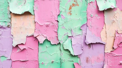 Aufkleber - Urban wall close-up in vibrant pink, green, mint, and purple with wrinkled posters for design mockups. A creative backdrop for city-themed advertisements.