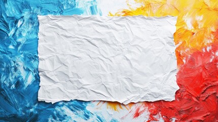 Poster - Urban wall with colorful, messy paint texture and a white wrinkled poster template. Perfect for creative city backgrounds or advertising design mockups.