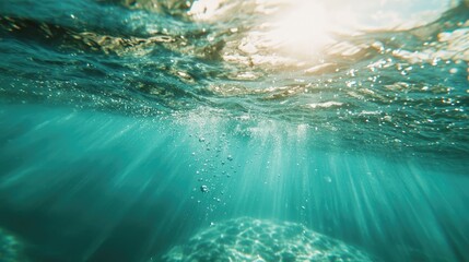 Poster - Vibrant transparent blue water with bubbles and gentle waves, illuminated by sunlight. Perfect for nature-inspired cosmetic product displays and branding.