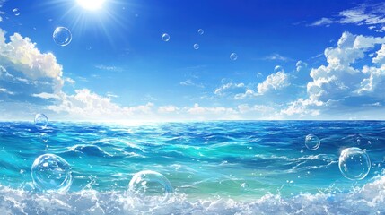 Poster - Vibrant transparent blue water with bubbles and gentle waves, illuminated by sunlight. Perfect for nature-inspired cosmetic product displays and branding.