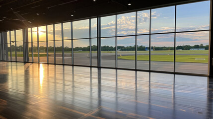 Wall Mural - spacious interior with large windows showcasing sunset view over airport runway. polished floor reflects warm light, creating serene atmosphere