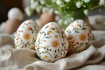 Three painted eggs on cloth next to vase.