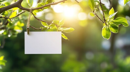 Poster - White blank business card clipped to a spring tree branch on a sunny day, with pastel green nature background, ideal for seasonal branding and copy space.