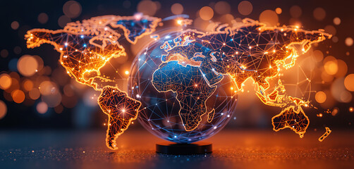 Poster - World geometric and earth for connection ,community and society Map networking and communication, planet model with decoration, abstract design or geometric link of business and global economy, 4k