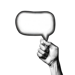 Poster - A grayscale image showcases a hand holding a blank speech bubble, symbolizing communication and potential dialogue.