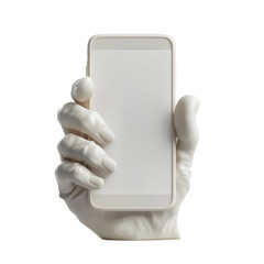 Poster - A 3D rendered image showcasing a sculpted hand holding a smartphone with a blank screen ideal for mockups and design presentations.