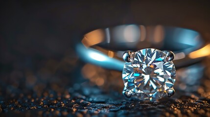 Wall Mural - Close-up of a beautiful diamond ring on a dark background. The diamond is round and brilliant-cut, and it sparkles in the light.