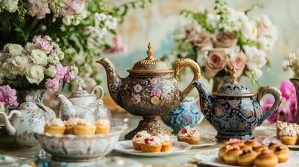 elegant afternoon tea party with ornate teapots and delicate pastries