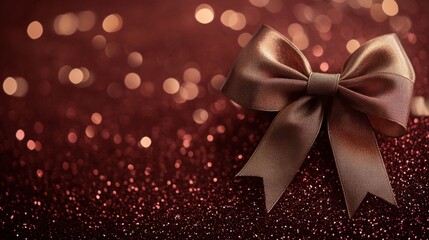 Wall Mural - Elegant brown ribbon resting atop a glimmering red surface adorned with sparkling lights for festive celebrations