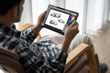 Poster - electric car design software on computer screen showing simulation blueprint snugly by digital calcu