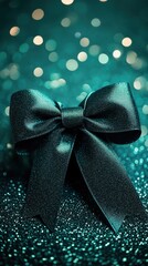 Glistening teal bow wrapped around a beautifully sparkling gift against a shimmering background of blurred lights