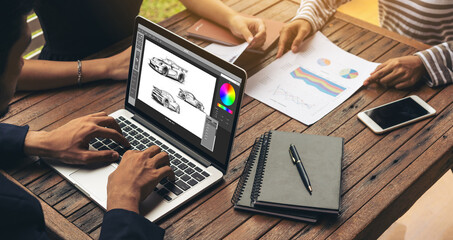 Poster - electric car design software on computer screen showing simulation blueprint snugly by digital calcu
