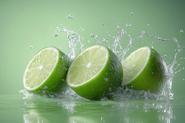 Wall Mural - Limes with vibrant water splash, creating a refreshing and dynamic summer vibe.