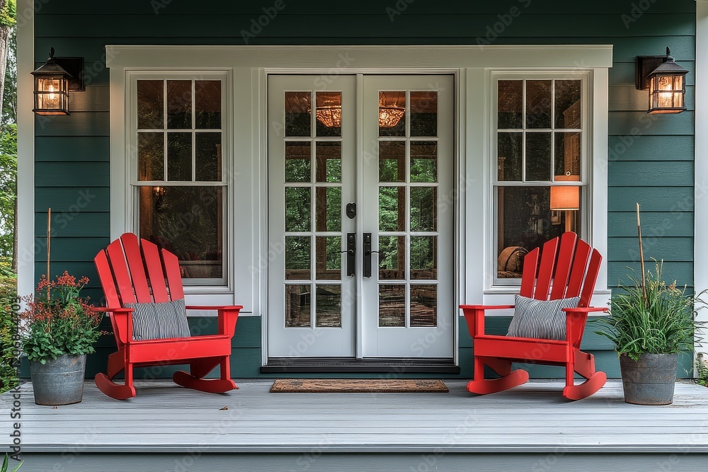 Front porch with red Adirondack chairs, green walls, double doors ...