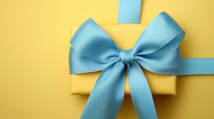 Wall Mural - Bright yellow gift box with a large blue ribbon creates a festive atmosphere for celebrations and special occasions