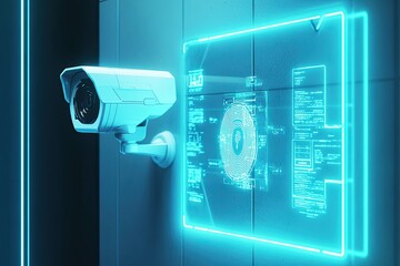 security camera system with futuristic digital interface display