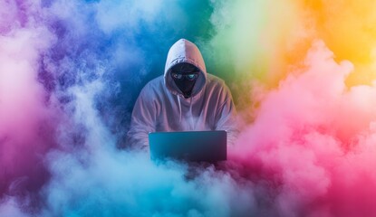 Poster - Hooded figure using laptop amidst colorful smoke. (1)