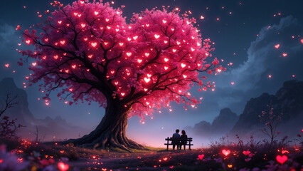 Poster - a couple in love sitting under a heart-shaped tree . Generative AI