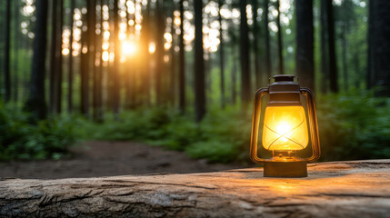 Sticker - glowing lantern illuminates dark forest at sunset, creating magical atmosphere