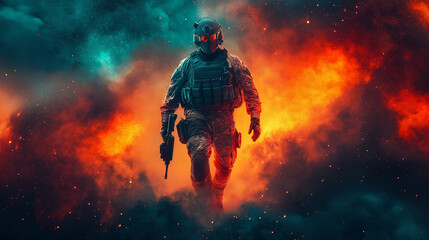 Poster - modern soldier in the flames of battle in war . Generative AI