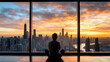 © siraphol - person sitting by large window, gazing at vibrant city skyline at sunset