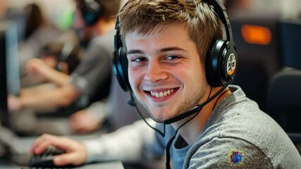 Poster - Cheerful young customer service operator engaged in work at a tech support center, Cheerful young customer service operator, at work in a busy call center