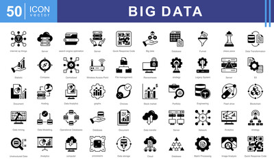 Big Data icon collection. Contains database, information, data analytics, insights, search engine optimization, velocity, variety, value, processing, storage icons.