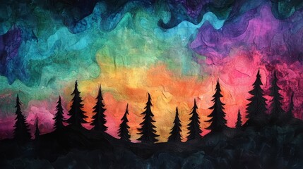 Wall Mural - オーロラと森のシルエット