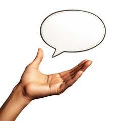 Poster - A dark brown hand gently cradles a floating empty speech bubble symbolizing communication and ideas.