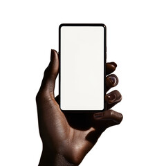 Poster - A dark-skinned hand holds a smartphone with a blank white screen against a white background providing a clean technology mockup.