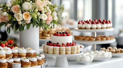 Wall Mural - Exquisite dessert table featuring gourmet cakes and fresh flowers