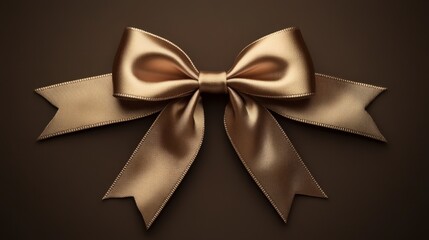 Wall Mural - Elegant gold ribbon bow with flowing tails resting on a rich brown background for holiday celebrations and gift giving