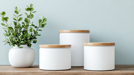 Wall Mural - Minimalist white jars with wooden lids and green plant