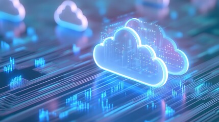 Poster - abstract digital cloud computing concept with neon lights and circuit board background for technolog