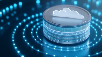 Poster - Abstract Digital Representation of Cloud Storage with Glowing Circles and Data Flowing in a Technological Environment