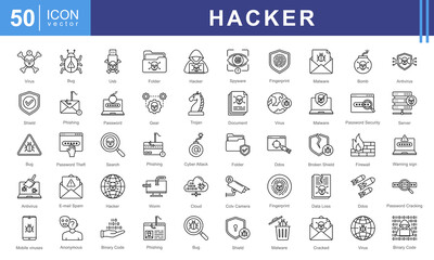 Hacker icon collection set. Containing computers, code, cybersecurity, software, hacker activity,  worm virus, hacking, phishing, encryption. Perfect for tech projects, security apps, digital fiction.