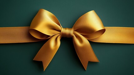 Wall Mural - Golden ribbon elegantly tied in a perfect bow on a rich green background adds a touch of sophistication and joy